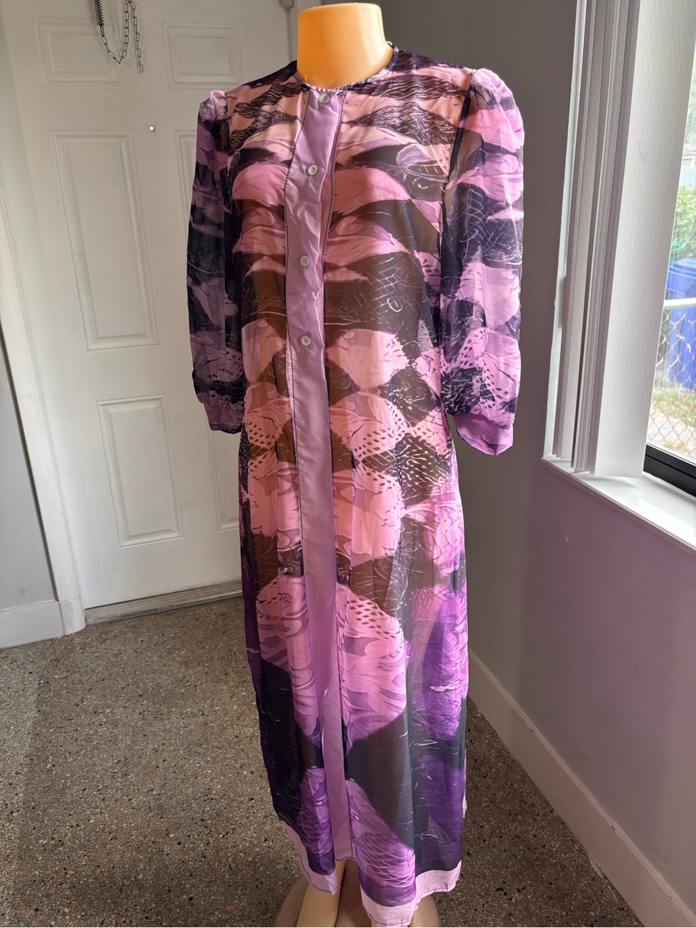 SHEIN Sheer Wave-Print Long Robe in Pink & Purple